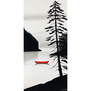 Black and white mixed media painting by Natasha Miller of a red canoe in a calm lake with mountains in the background. There is a large tree in the foreground with a small red cardinal.