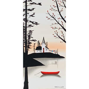 Mixed media painting by Natasha Miller of a soft peachy sunset with an island with small white cabins and hanging laundry. In the foreground there is a red canoe and a large tree with red cardinals and red flowers.