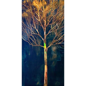 Holographic gold tree painting on a dark blue and green background by Sarah Moffat.