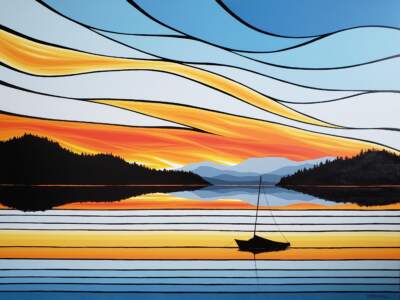 Peaceful Horizon, west coast landscape painting with boat by Monica Morrill | Effusion Art Gallery, Invermere BC
