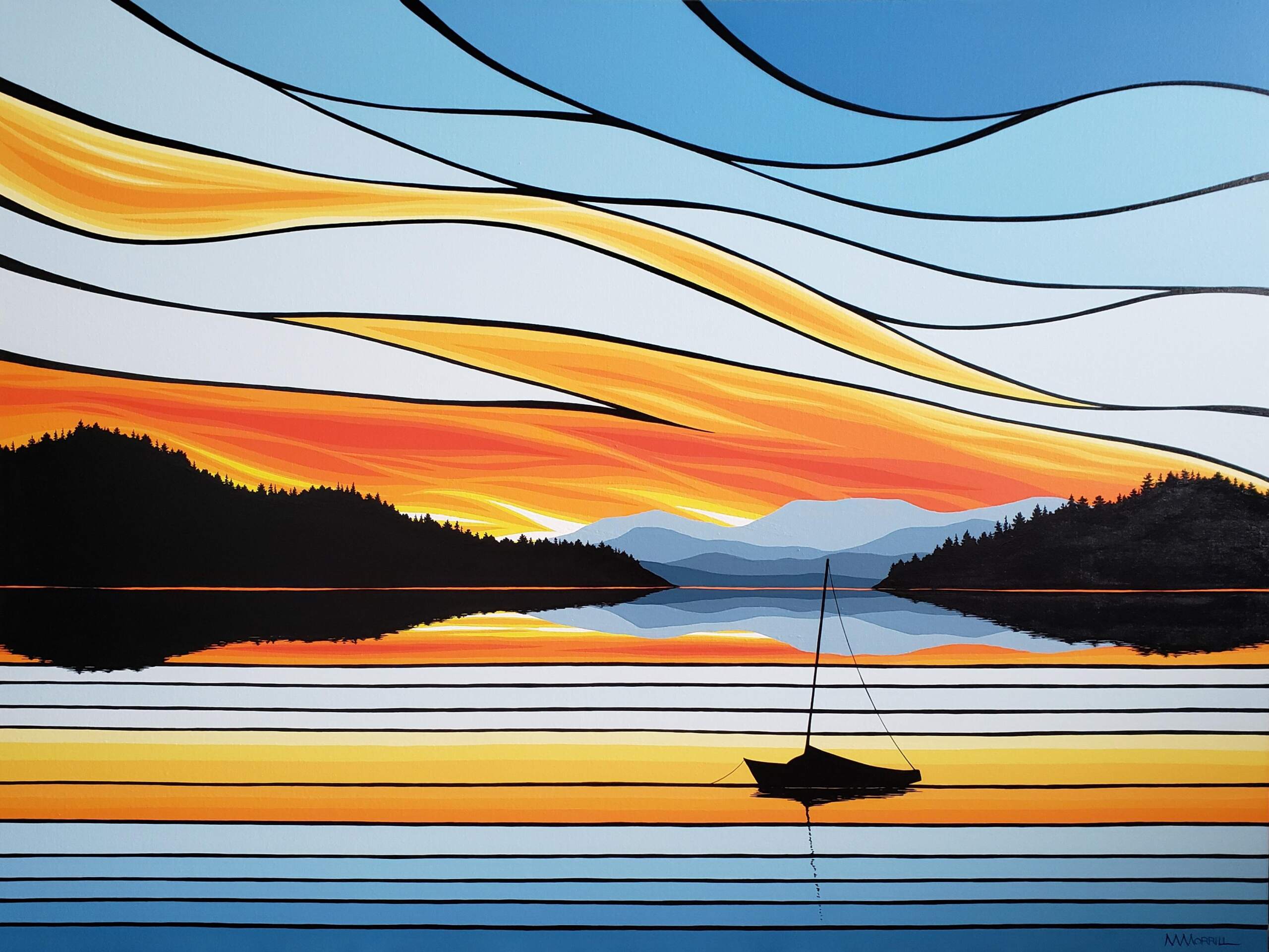 Peaceful Horizon, west coast landscape painting with boat by Monica Morrill | Effusion Art Gallery, Invermere BC