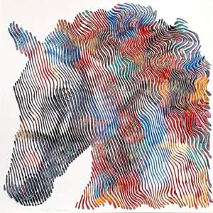 Vibrant 3-D painting of a horse wearing a bridal with a rainbow mane by Virginie Schroeder