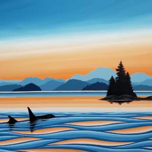 Solstice II, west coast sunset landscape painting with orca whales by Monica Morrill | Effusion Art Gallery, Invermere BC