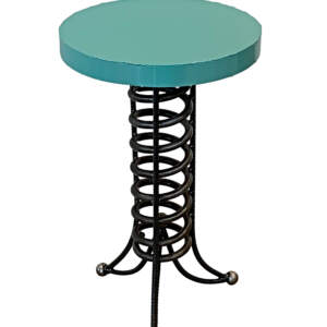 Reclaimed metal side table with a black spiral base and round turquoise top by artist Wendy Stone.