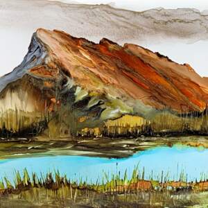 Alcohol ink landscape painting of Mount Rundle by Paulina Tokarski.