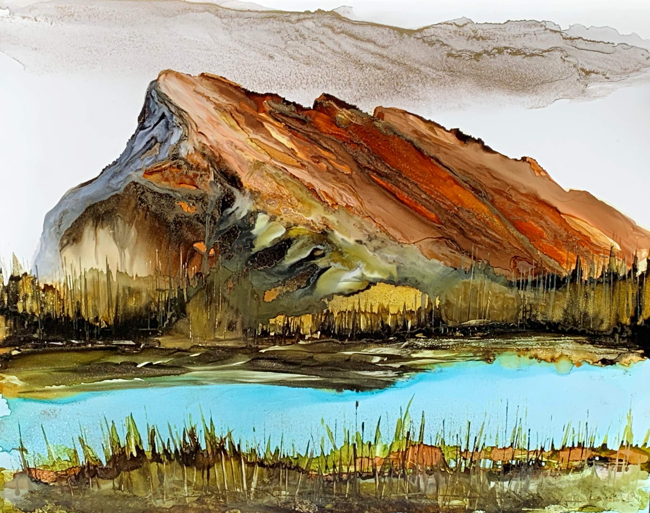 Mountain Serenity, alcohol ink landscape painting of Mount Rundle by Paulina Tokarski | Effusion Art Gallery, Invermere BC