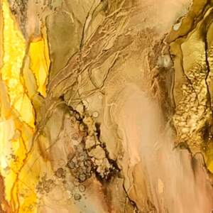 Alcohol ink yellow, green, and brown abstract painting (inspired by honey bees) by Paulina Tokarski.