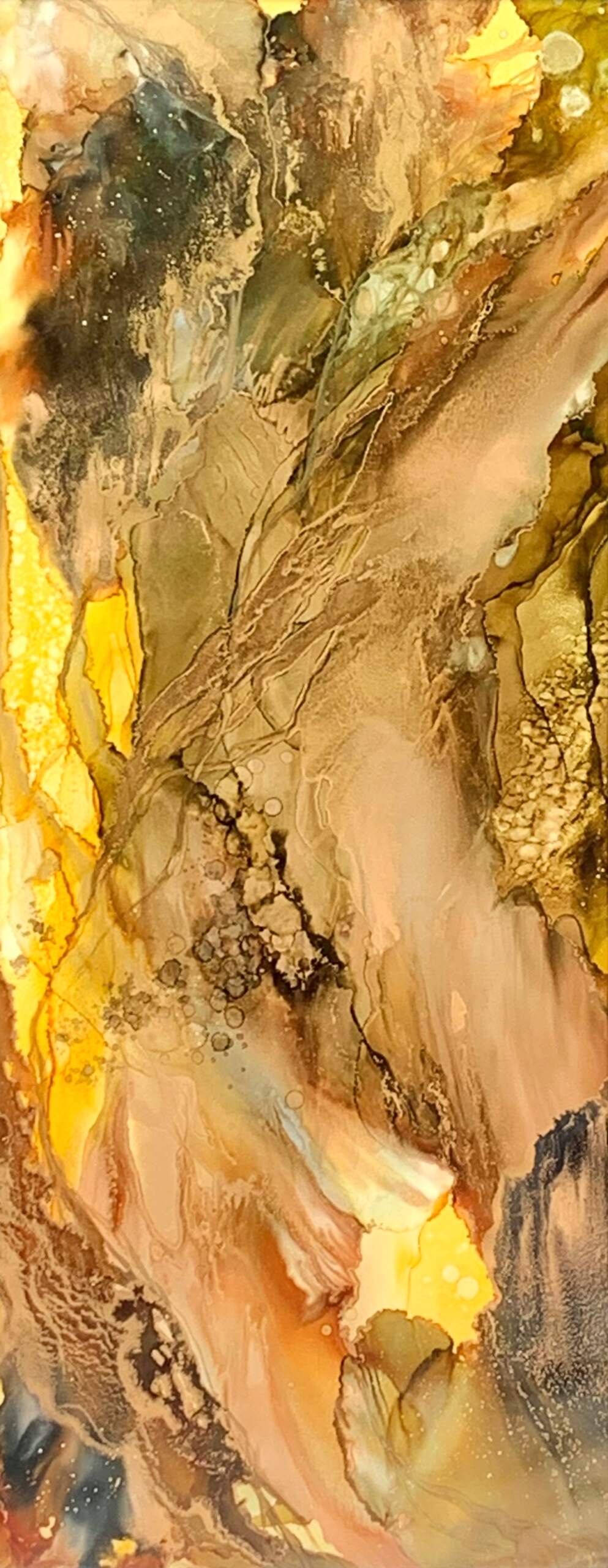 Rooted Euphoria 1, alcohol ink bee-inspired abstract painting by Paulina Tokarski | Effusion Art Gallery, Invermere BC