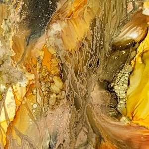 Alcohol ink yellow, green, and brown abstract painting (inspired by honey bees) by Paulina Tokarski.