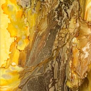 Alcohol ink yellow, green, and brown abstract painting (inspired by honey bees) by Paulina Tokarski.