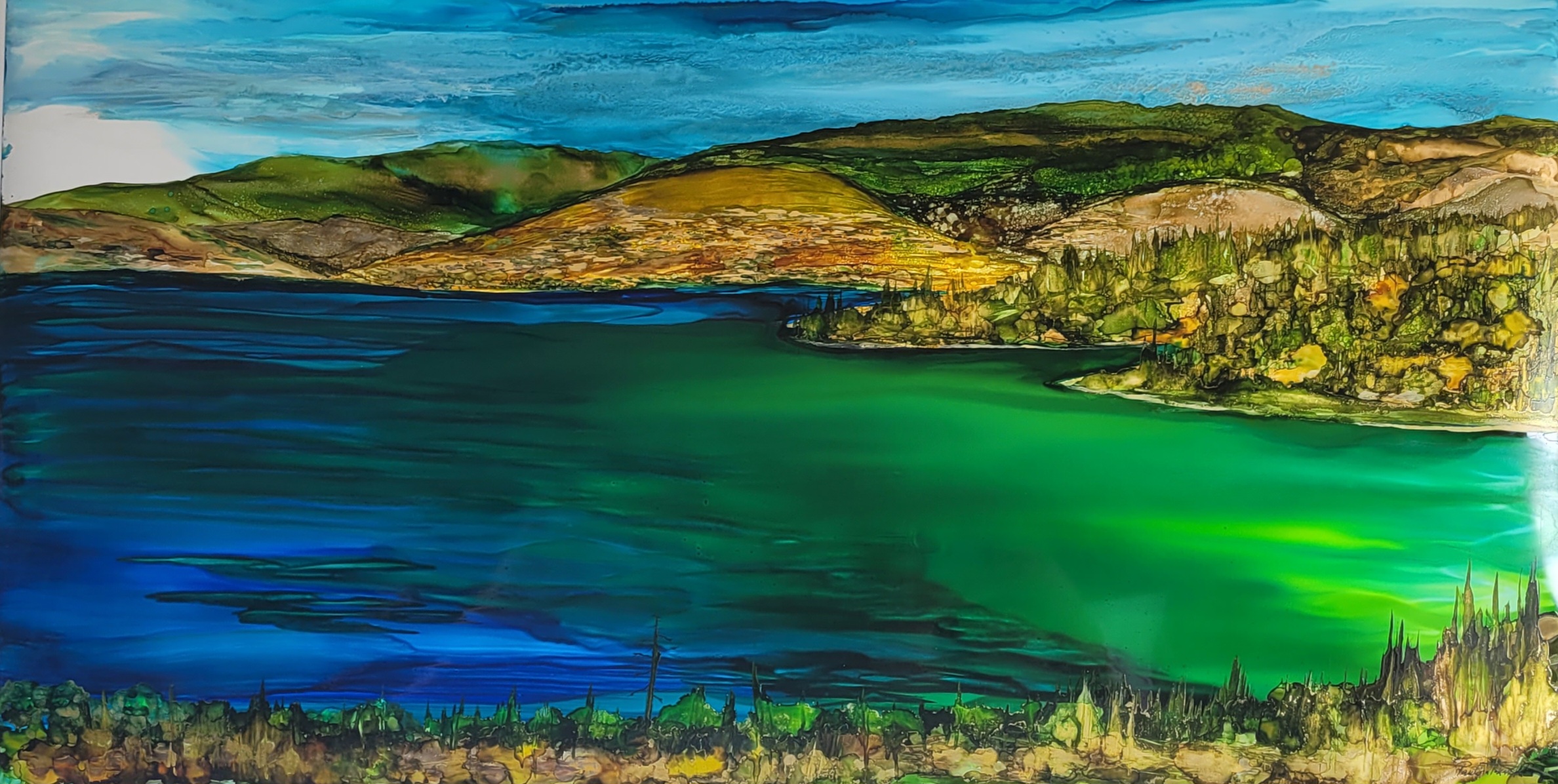 Serenity, alcohol ink landscape painting by Paulina Tokarski | Effusion Art Gallery, Invermere BC