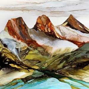 Alcohol ink landscape painting of the Three Sisters mountains by Paulina Tokarski.