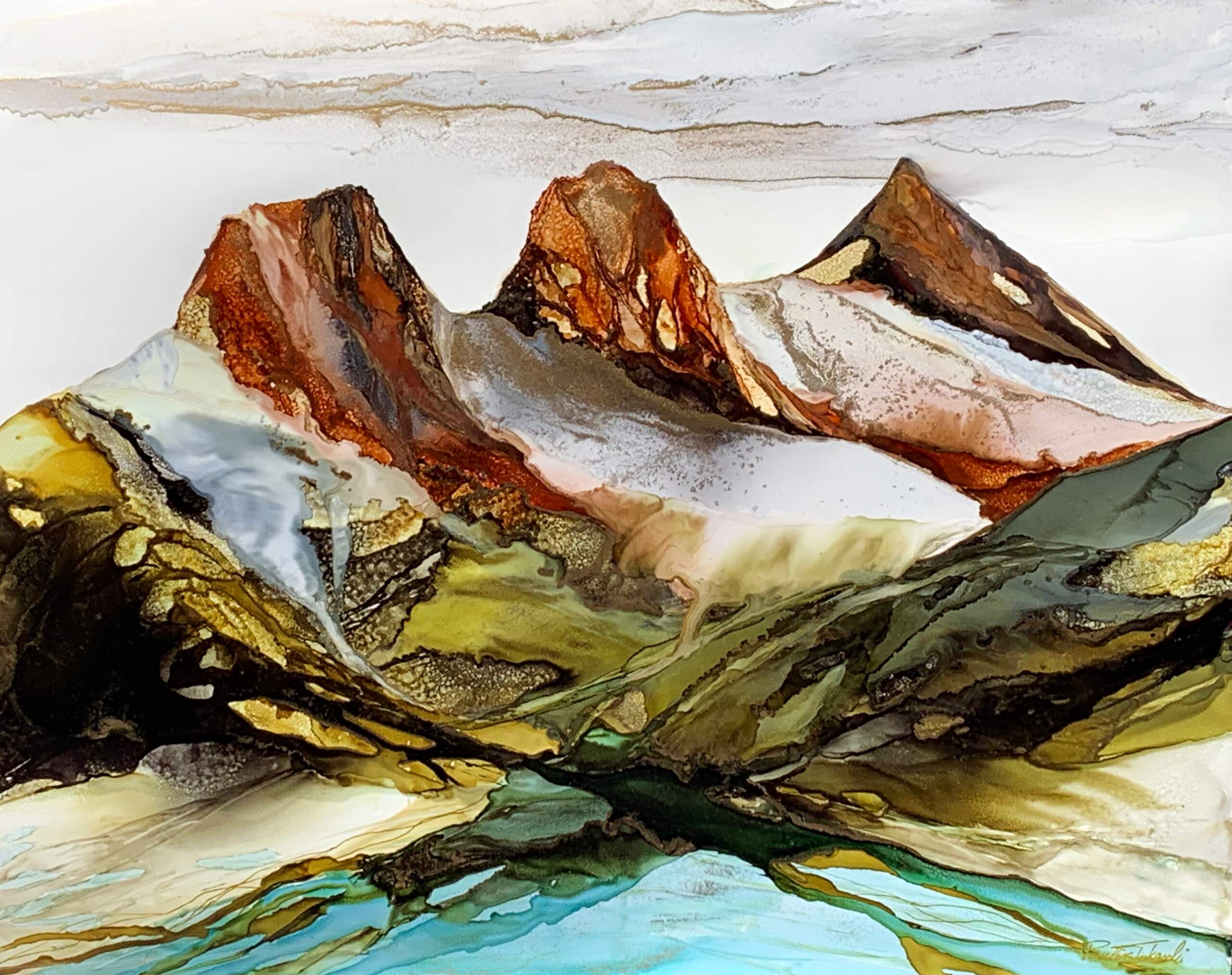 Triumphant Peaks, alcohol ink landscape painting of the Three Sisters by Paulina Tokarski | Effusion Art Gallery, Invermere BC