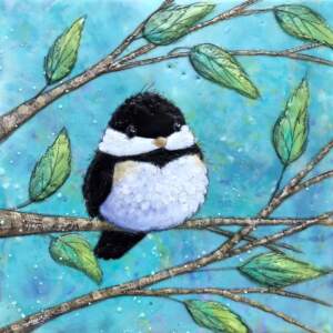 Encaustic painting of a cute chickadee sitting in a tree with a turquoise background by Brenda Walker.