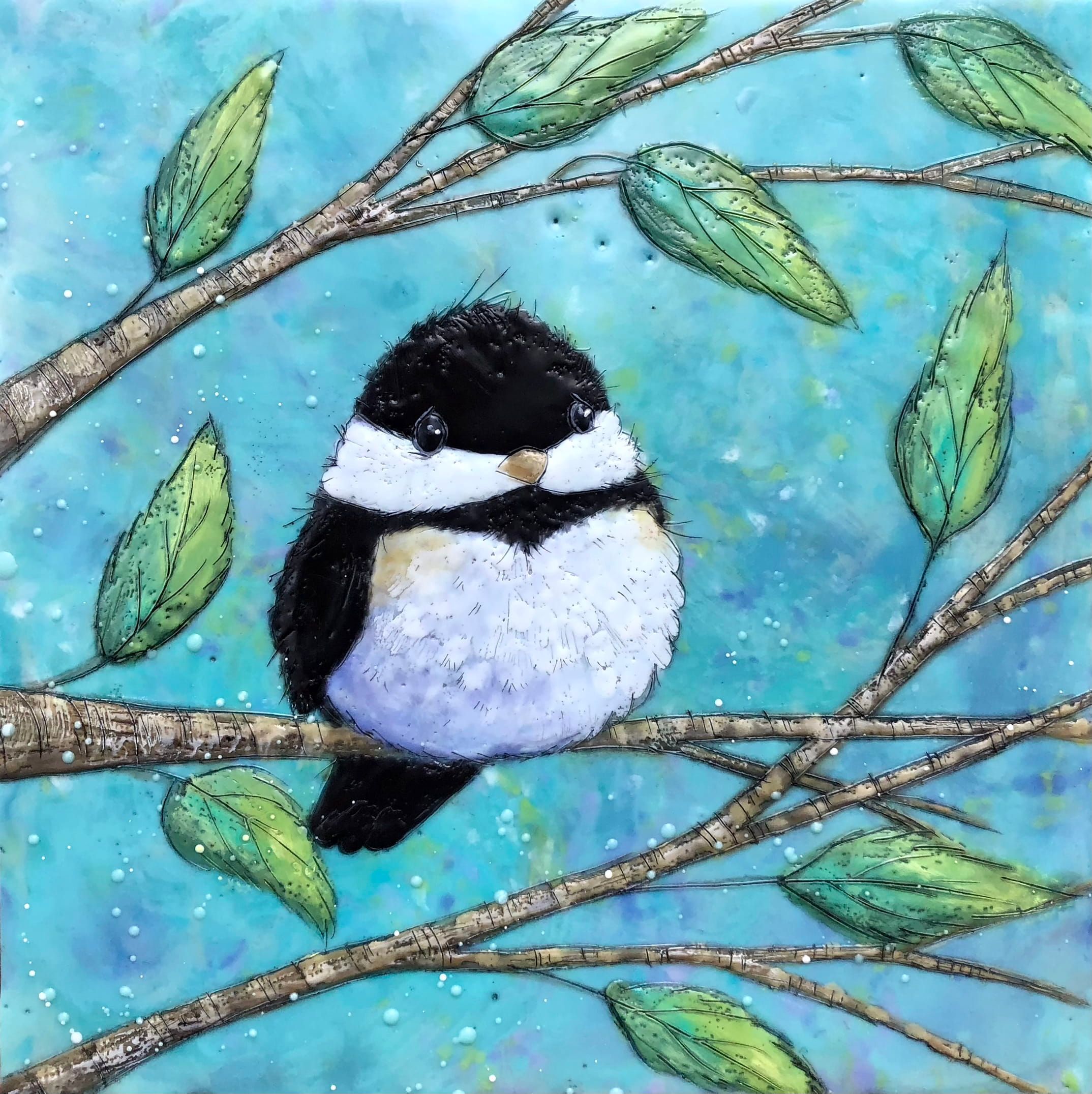 Chickadee-dee-dee 57, encaustic chickadee painting by Brenda Walker | Effusion Art Gallery, Invermere BC