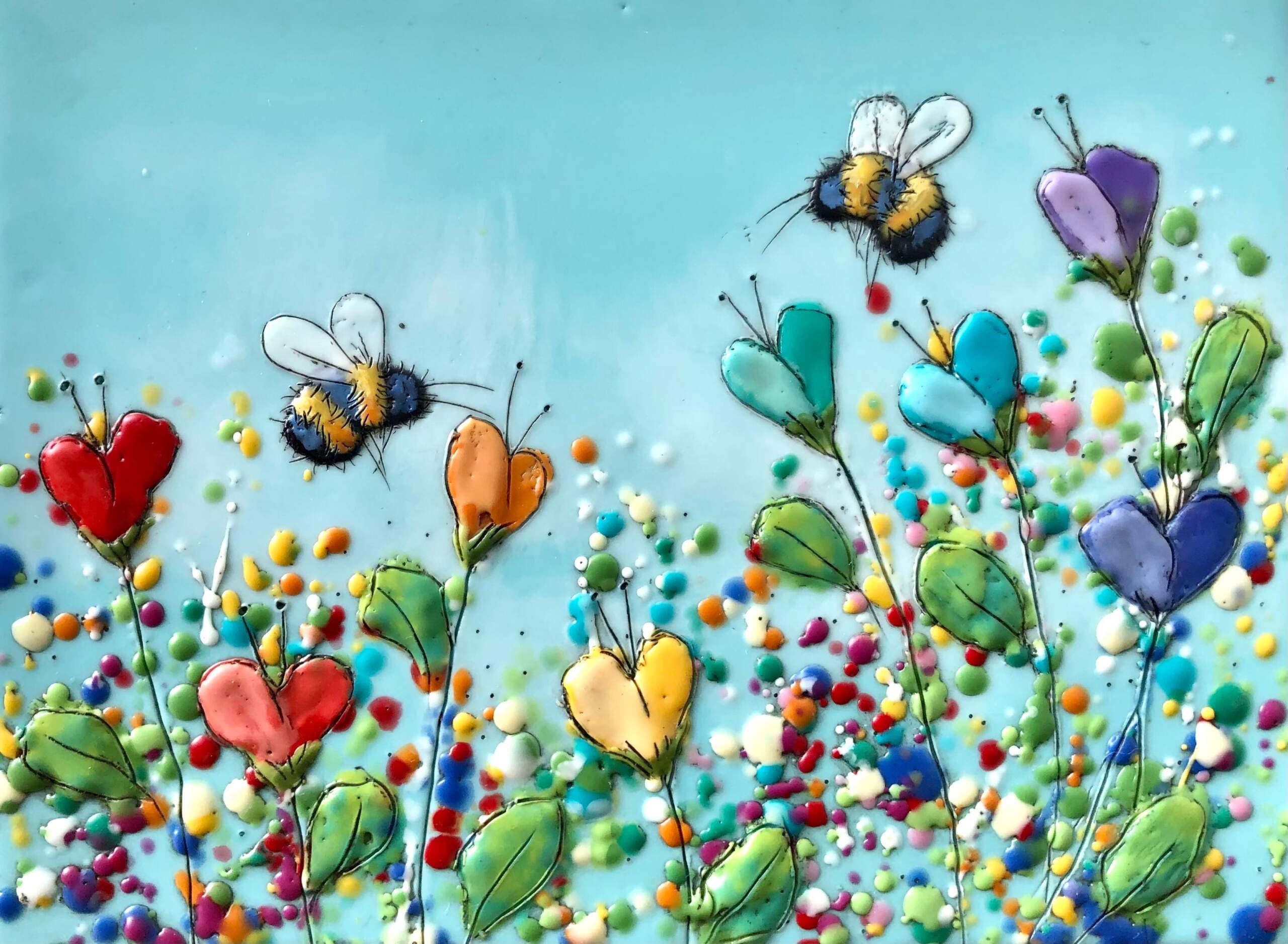 Just Bee 126, encaustic bumblebee, flower, and rainbow heart painting by Brenda Walker | Effusion Art Gallery, Invermere BC