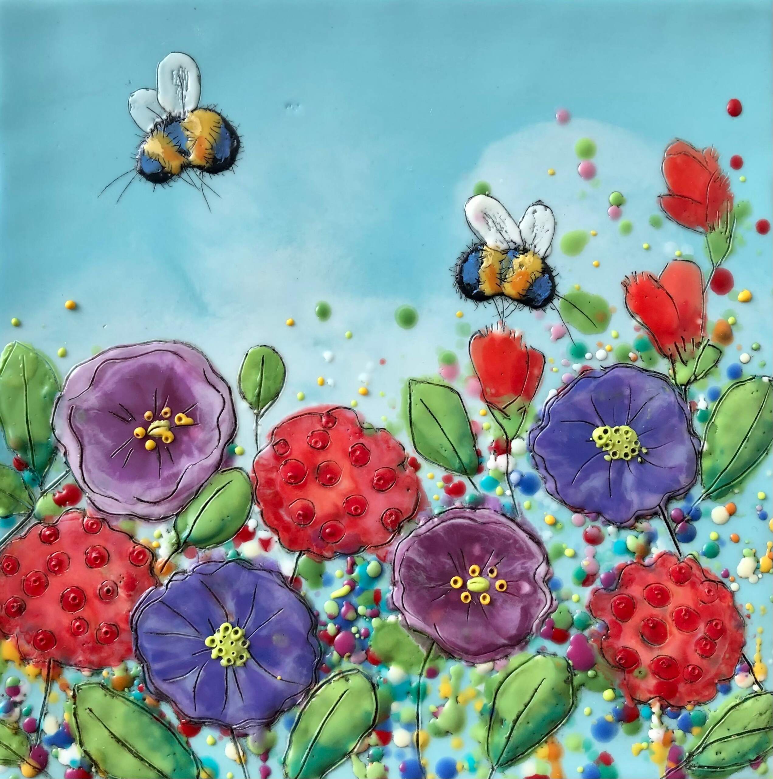 Just Bee 127, encaustic bumblebee + flower painting by Brenda Walker | Effusion Art Gallery, Invermere BC