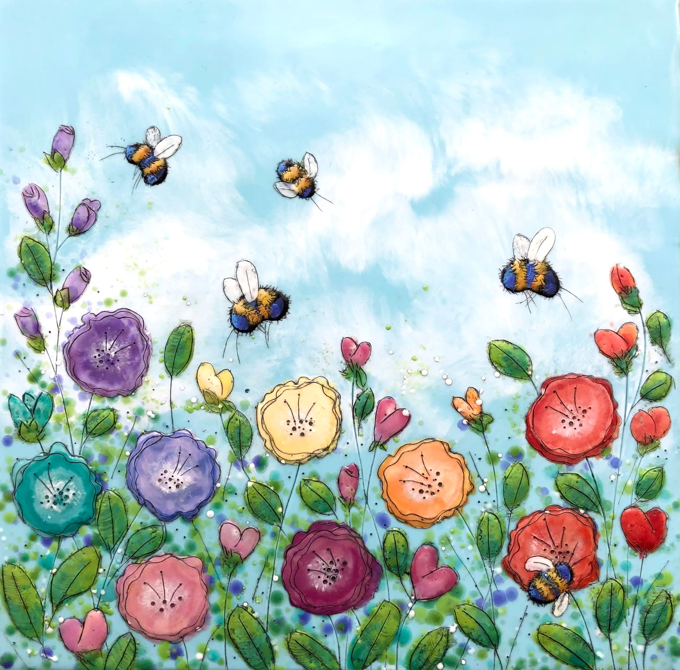 Just Bee 129, encaustic bumblebee + rainbow flower painting by Brenda Walker | Effusion Art Gallery, Invermere BC