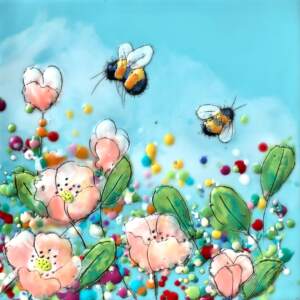 Just Bee 131, encaustic bumblebee + flower painting by Brenda Walker | Effusion Art Gallery, Invermere BC