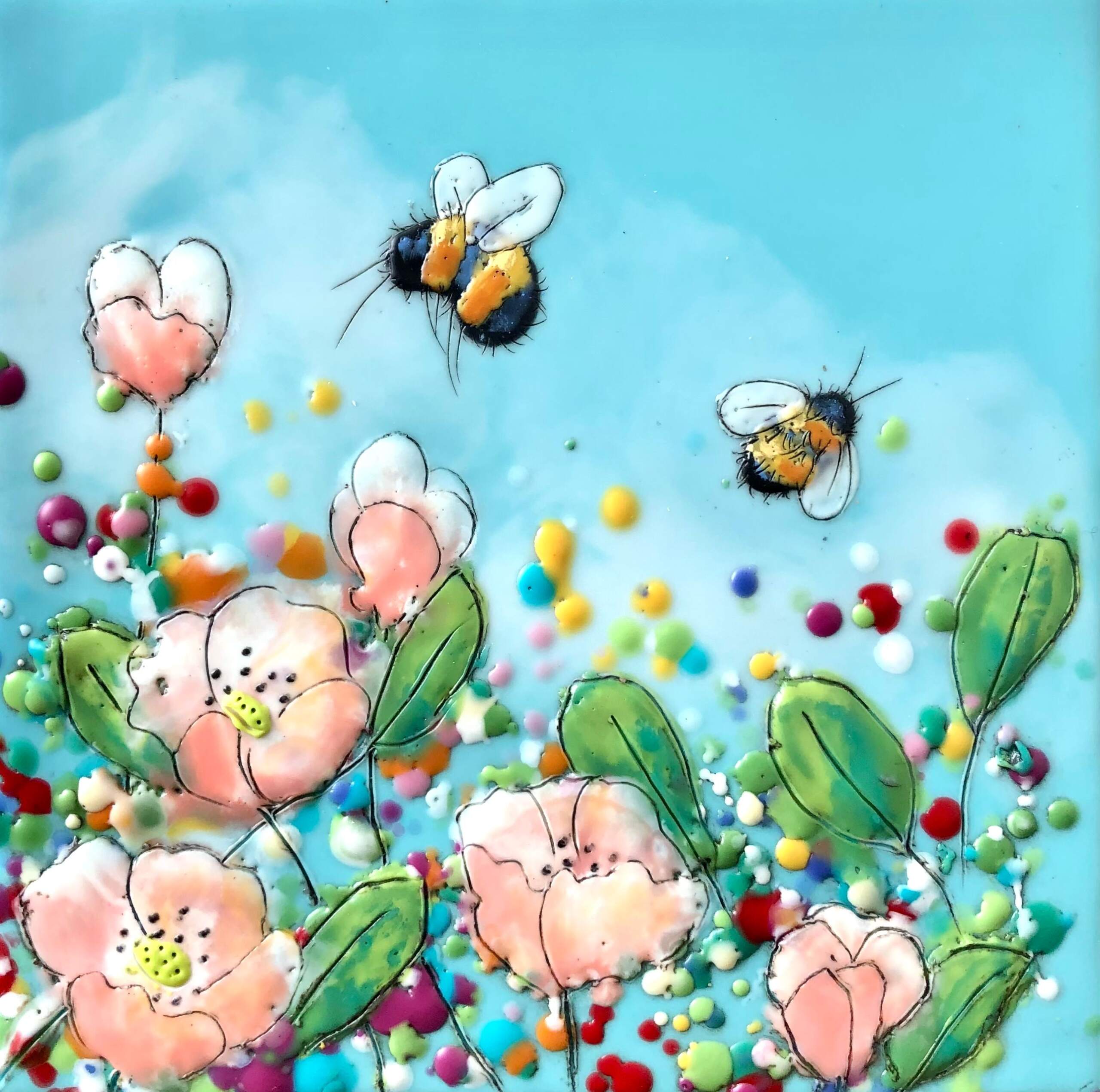 Just Bee 131, encaustic bumblebee + flower painting by Brenda Walker | Effusion Art Gallery, Invermere BC
