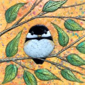 Encaustic painting of a cute chickadee sitting in a tree with an orange background by Brenda Walker.