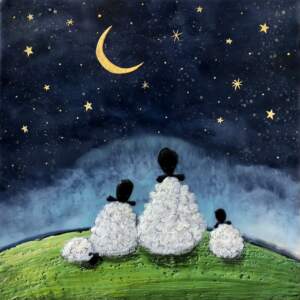 Encaustic painting of a family of sheep looking up at a crescent moon and starry night sky by Brenda Walker.