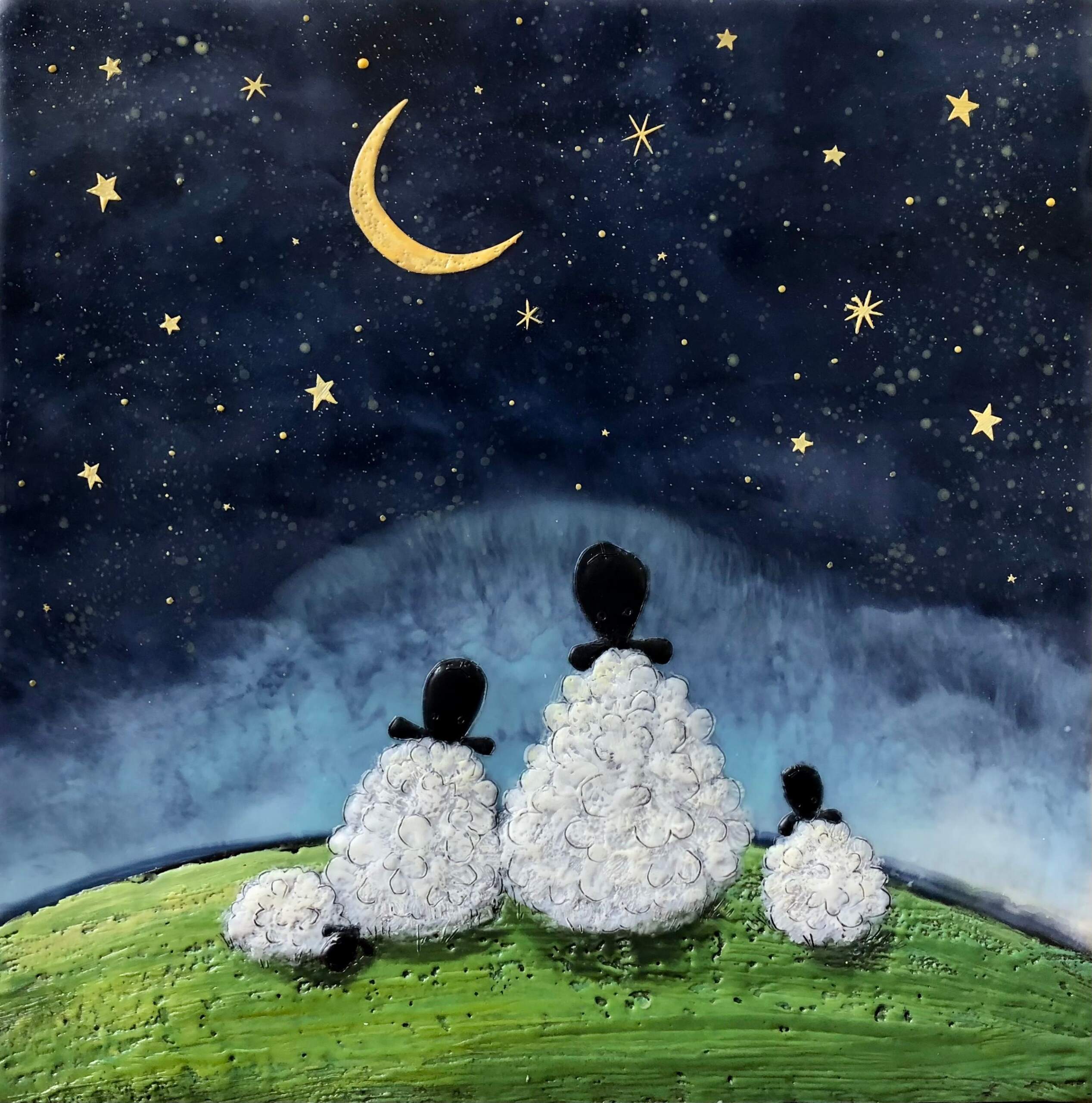 To the Moon and Past the Stars 13, encaustic sheep family, moon and stars painting by Brenda Walker | Effusion Art Gallery, Invermere BC