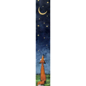 Encaustic painting of a cute fox looking up at a crescent moon and starry night sky by Brenda Walker.