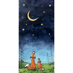 Encaustic painting of a cute fox and baby fox looking up at a crescent moon and starry night sky by Brenda Walker.