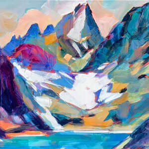 Original acrylic loose landscape painting of Bugaboo Cobalt Lake by Verne Busby.