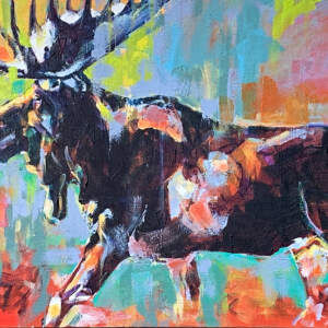 Bull Moose on the Move, acrylic moose painting by Verne Busby | Effusion Art Gallery, Invermere B