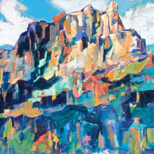 Original acrylic loose landscape painting of Castle Mountain in Banff + Canmore by Verne Busby.
