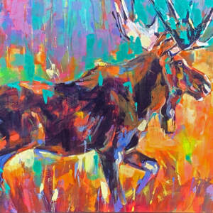 On the Move Moose 6, acrylic moose painting by Verne Busby | Effusion Art Gallery, Invermere B