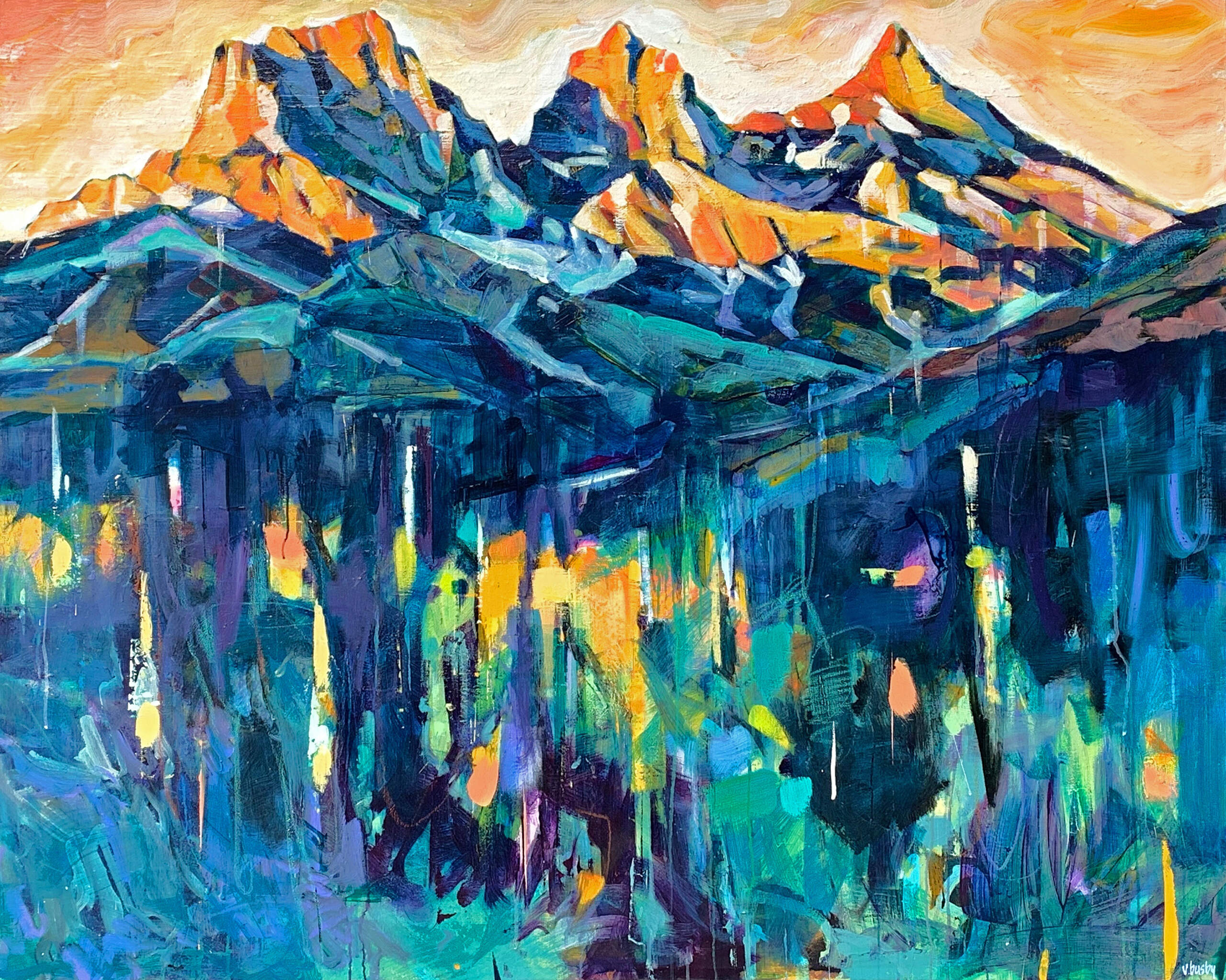 Three Sisters, acrylic landscape painting of the Three Sisters mountains in Canmore by Verne Busby | Effusion Art Gallery, Invermere BC