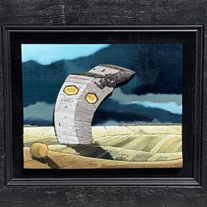 3-D painting of a curved Saskatchewan grain elevator in the prairie with a stormy sky by Mark Farand.
