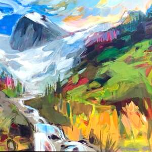Loose vibrant painting of the Bugaboos by Becky Holuk.