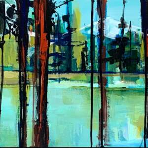 Abstract landscape painting of a blue green lake peeking out behind trees by Katie Lois.
