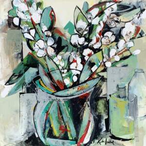 Acrylic painting of abstract delicate white flowers in a clear vase on a soft green background by Katie Lois.