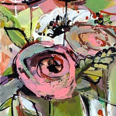 Pink and Green All Day, acrylic flower painting by Katie Lois | Effusion Art Gallery, Invermere BC