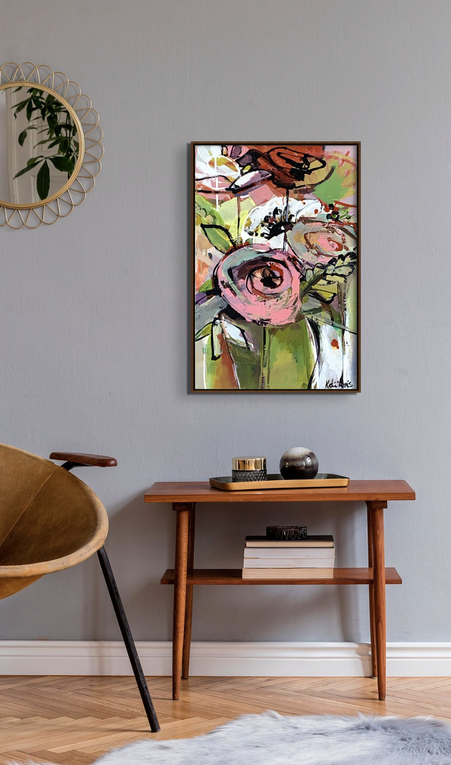 Pink and Green All Day, original floral painting by Katie Lois at Effusion Art Gallery in Invermere, BC.