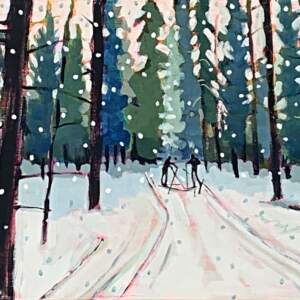 Acrylic painting of cross country skiers on a trail at Nipika Mountain Resort by Eleanor Lowden.