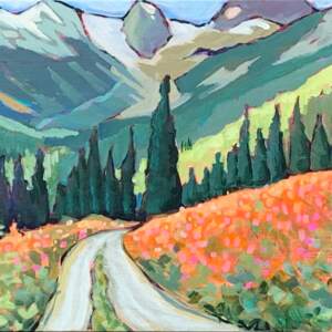 Acrylic landscape painting of summer on a Bugaboo hike by Eleanor Lowden.