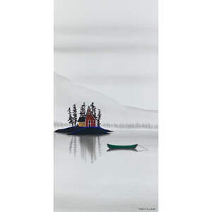 Original mixed media landscape painting by Natasha Miller of a cool foggy morning in the mountains with an island on a lake. There are red and yellow houses and trees on the island with a green canoe with a red cardinal perched on the end in the water.