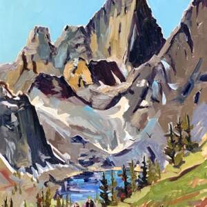 Original oil painting of Cobalt Lake at Bugaboo Glacier with hikers by Robert Roy.