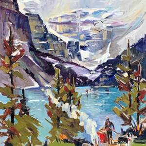 Original oil painting of Lake Louise with a hiker and dog tending a bonfire and canoes in the background by Robert Roy.