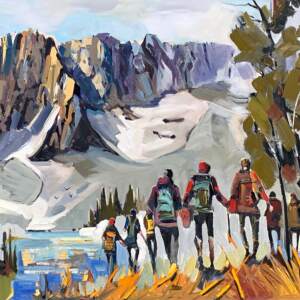 Original oil painting of Taylor Lake with hikers by Robert Roy.