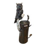 The Midnight Shift, reclaimed steel owl sculpture using Model A and race car parts by Wendy Stone | Effusion Art Gallery, Invermere BC