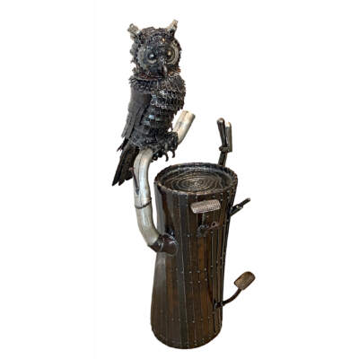 The Midnight Shift, reclaimed steel owl sculpture using Model A and race car parts by Wendy Stone | Effusion Art Gallery, Invermere BC