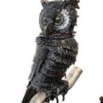 The Midnight Shift, reclaimed steel owl sculpture using Model A and race car parts by Wendy Stone | Effusion Art Gallery, Invermere BC