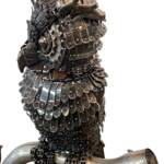 The Midnight Shift, reclaimed steel owl sculpture using Model A and race car parts by Wendy Stone | Effusion Art Gallery, Invermere BC